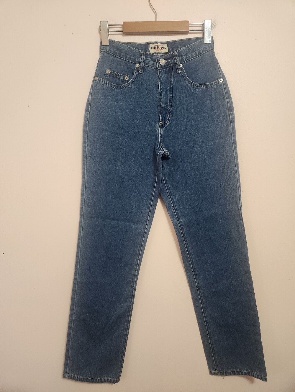 Vintage 90s Guess Jeans High Rise Tapered Mom Denim Triangle Logo Patch Size 25